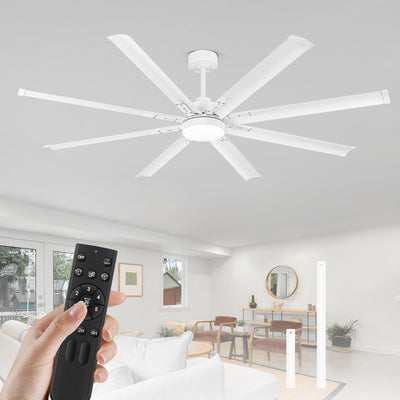 72 inch Ceiling Fans with Lights, Large White Industrial Ceiling Fan with LED and Remote Control, 6 Speeds Reversible DC Motor and 8 Blades Ceiling Fan for Indoor/Outdoor Patio Bedroom Living Room