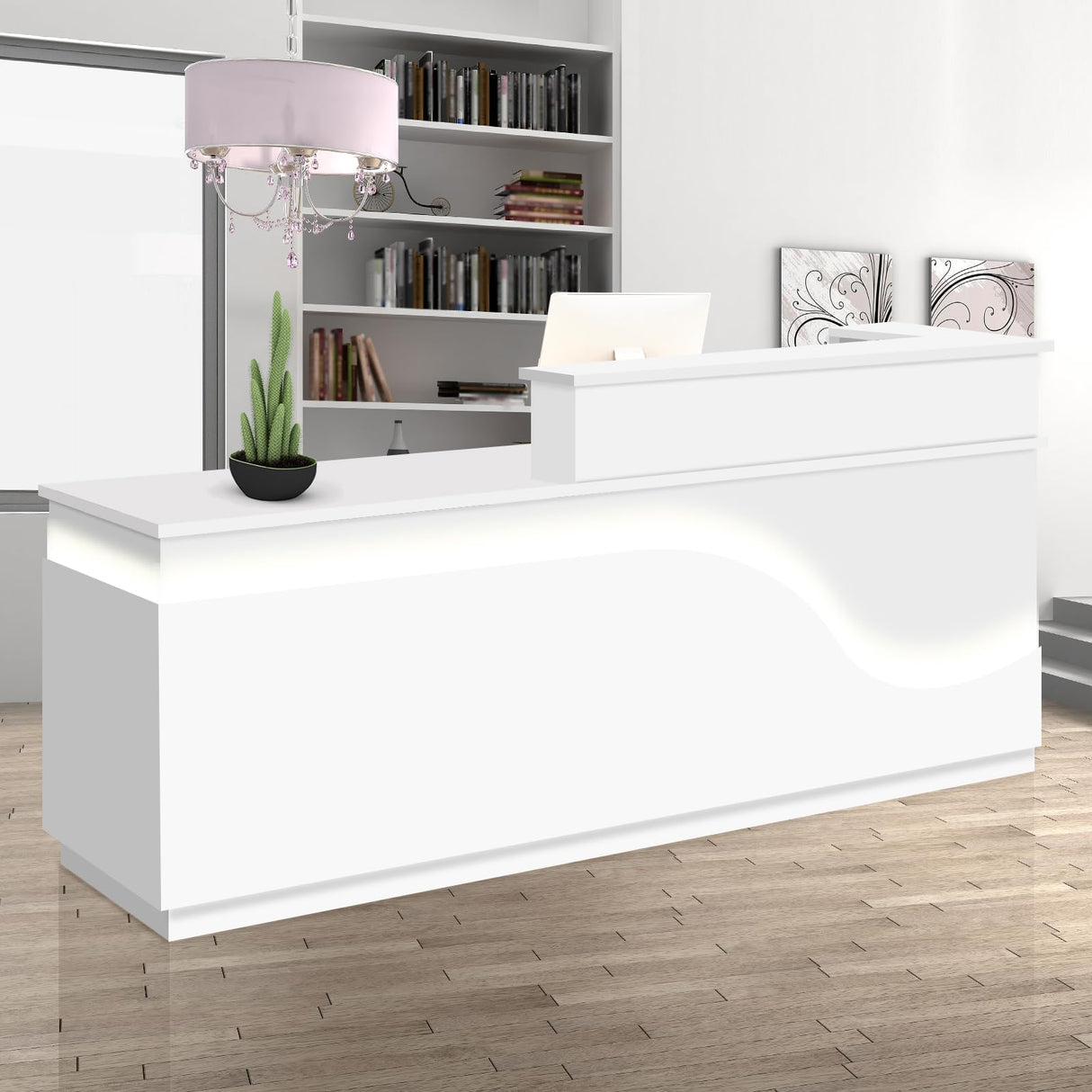 STLWR Modern Reception Desk with Locking Drawers, of Multi-Layer Solid Wood, Three-Color LED Light Strip & File Cabinet, Office Display Counters Retail Reception Desk (All White-Left, 63") Generic