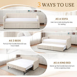 Twin Size Daybed with Pop Up Trundle Bed,Velvet Twin to King Size Day Bed Frame with USB Ports&Side Pockets,Extendable Upholstered Wooden Sofa Bed for Bedroom,Living Room,No Box Spring Needed,Beige JEEOHEY