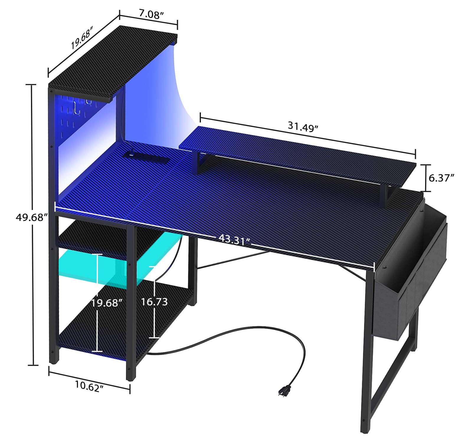 Homieasy Gaming Desk with Power Outlets & Pegboard & Led Light, 43 Inch Computer Desk with Reversible Storage Shelves & Side Storage Bag, PC Gamer Desk with Hutch & Monitor Stand, Carbon Fibe - WoodArtSupply