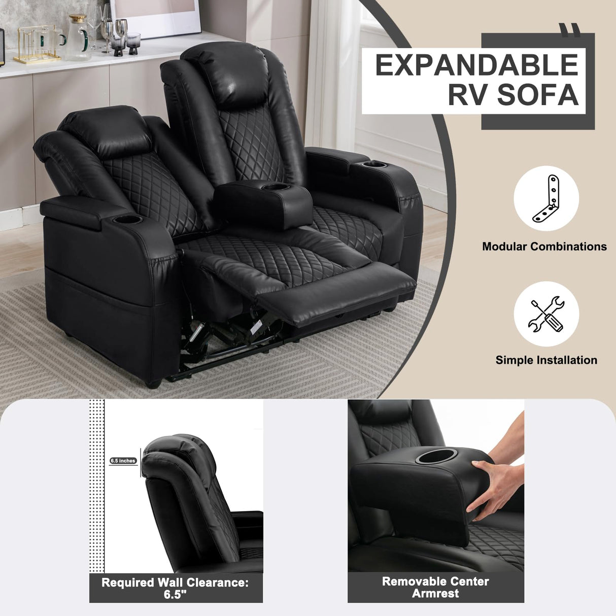 AZXZCS 57" RV Loveseat Recliner Sofa, Home Theater Seating with 3 Arms and 2 Pillows, Wall Hugger Recliners & 135° Reclining Couch (Black PU Leather Furniture) AZXZCS