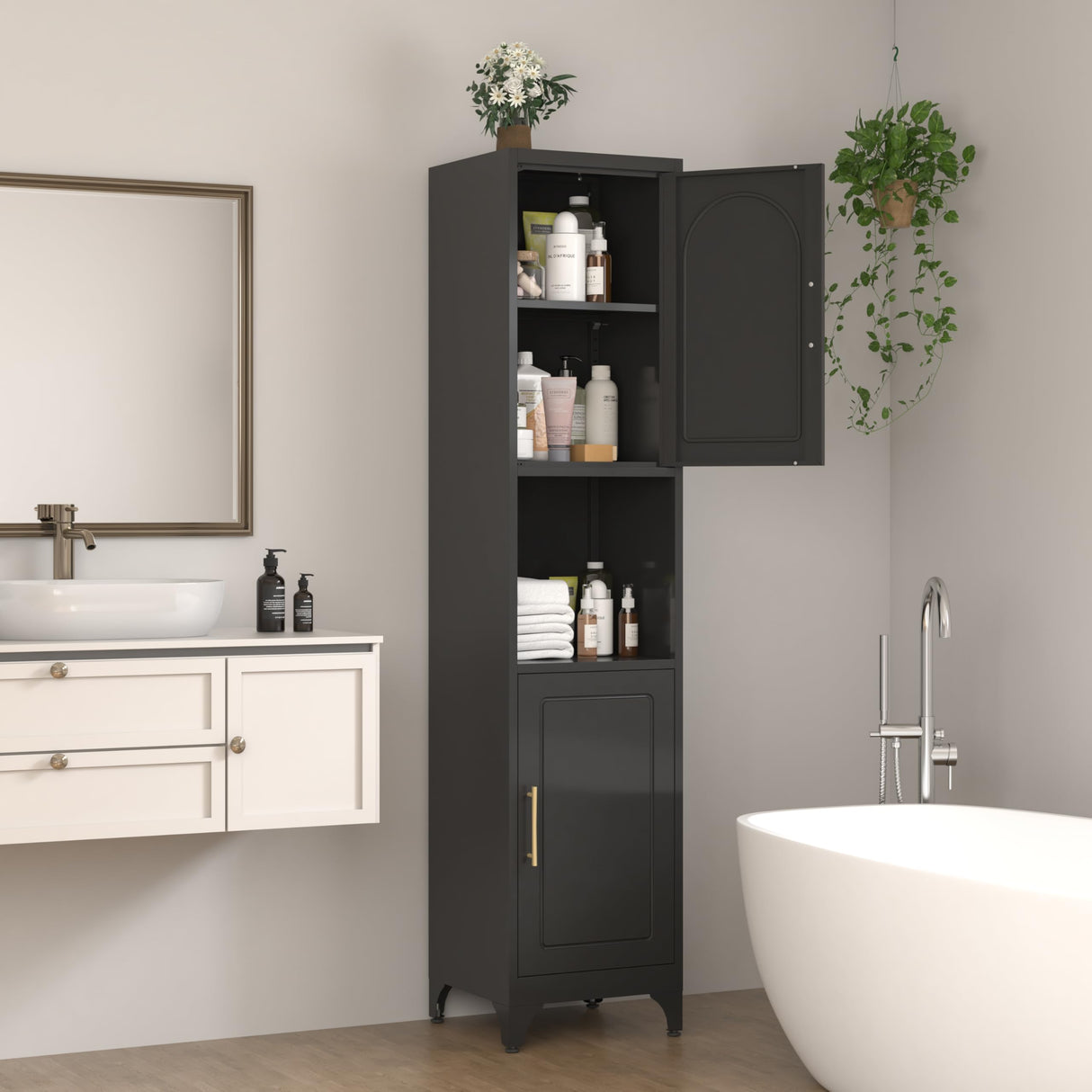 Polup Slim Bathroom Storage Cabinet, 75" Tall Freestanding Narrow Cabinets for Small Spaces, Skinny Metal Storage Cabinet with Doors and Shelves for Living Room, Kitchen, Black - Assembly Required Polup
