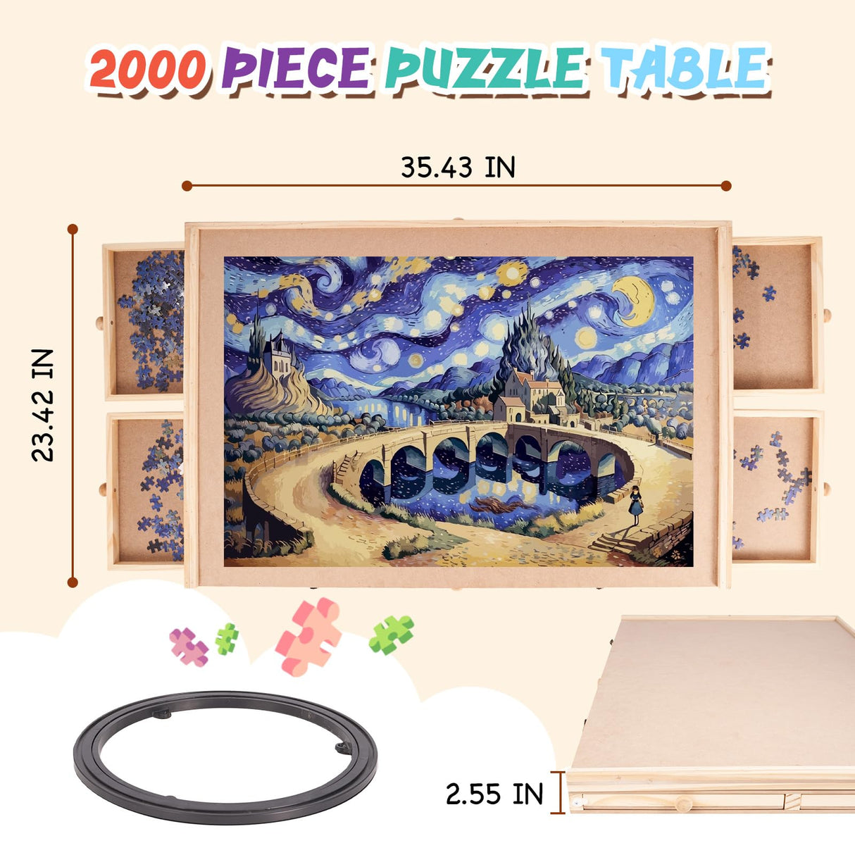 Miereirl 1500 Pieces Wooden Puzzle Table with 6 Drawers and Cover, Adult Portable Puzzle Board 35.43” x 23.43” Rotating Wooden Jigsaw Puzzle Plateau Used for Puzzle Storage and Sorting Miereirl
