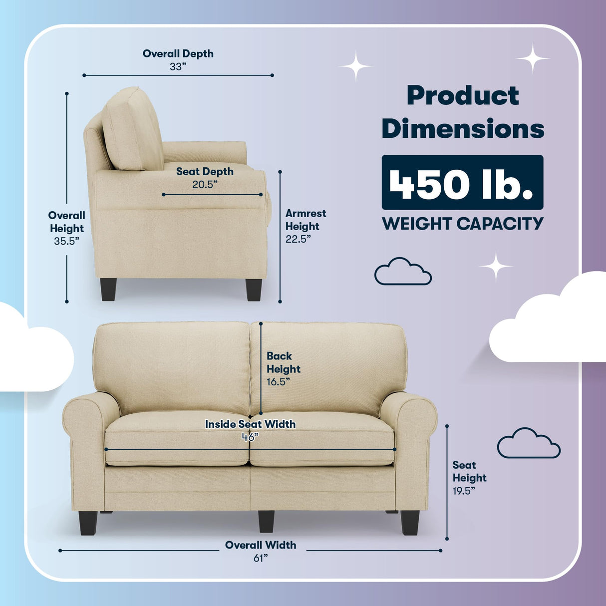Serta Copenhagen Rolled Arm Sofa, Easy Care Polyester, Soft Pillow Back, Pocket Coil Seat Cushions, Removable Covers, Couch for Small Spaces, Living Rooms or Bedrooms, 61" Loveseat, Tan Serta