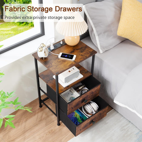 LOAKEKEL Night Stand Set 2, Nightstand with Charging Station, End Tables with Storage Shelf for Small Spaces, Bedside Table Side Tables with 2 Fabric Drawers for Bedroom, Rustic Brown, HETS020PBR LOAKEKEL
