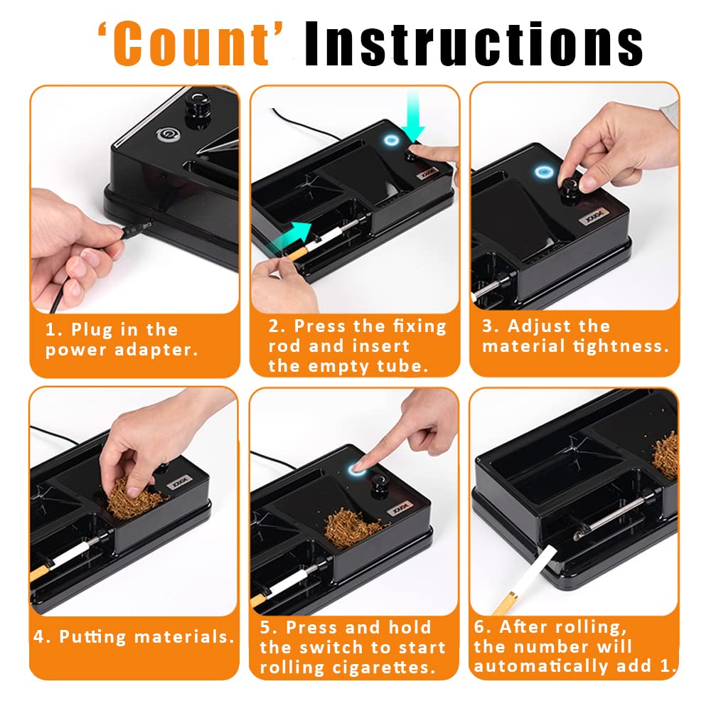 Electric Cigarette Rolling Machine Portable Automatic Infrared Sensing Maker Cigarette Tobacco Injector Roller with Automatic Counter Fits Tube of Diameter 0.26"/6.5mm (Count, Silvery) Malisseladi