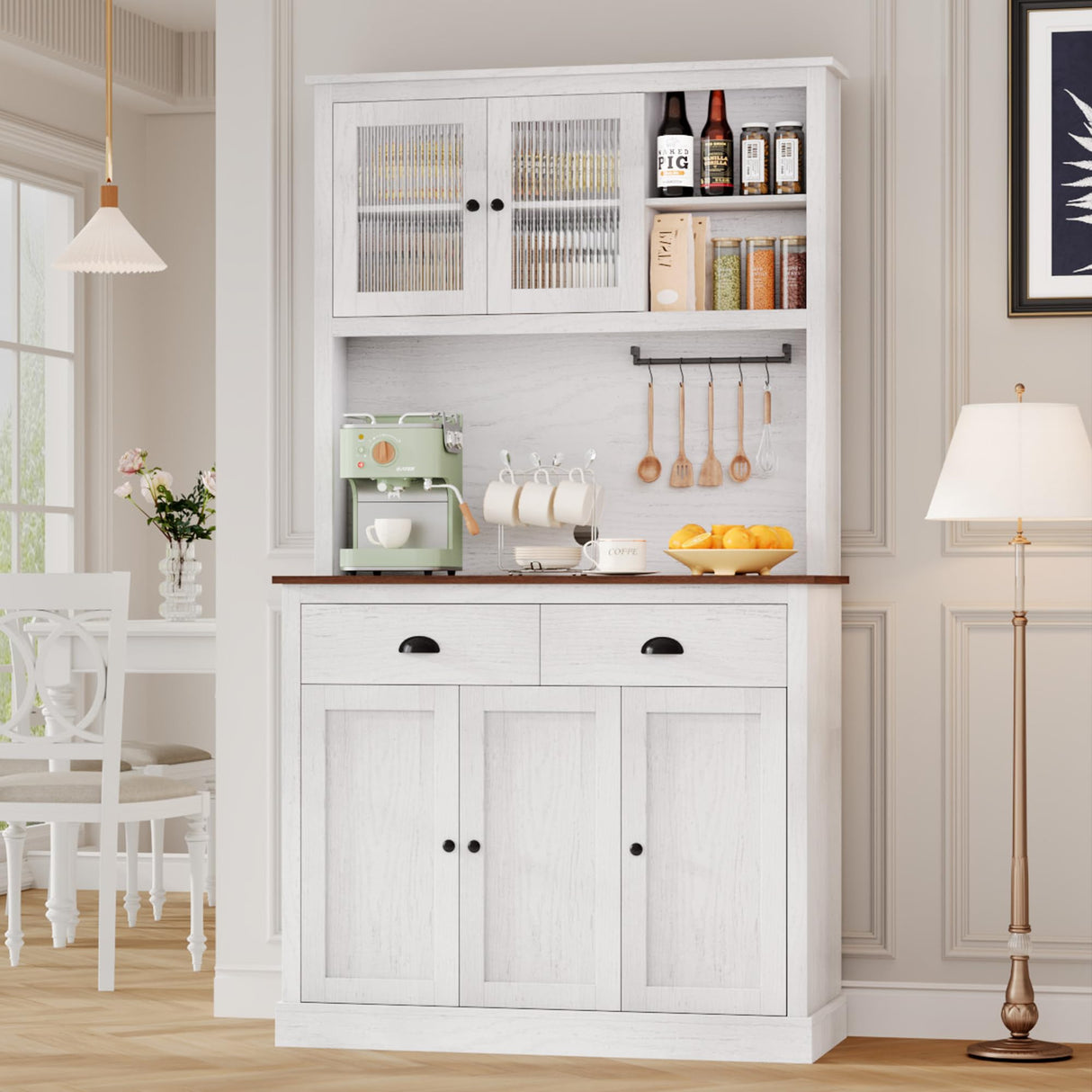 IDEALHOUSE Pantry with Drawers and Adjustable Shelves, 71”Tall Freestanding Kitchen Pantry Cabinet with Microwave Stand, Hutch Cabinet for Kitchen, Dining Room, White IDEALHOUSE