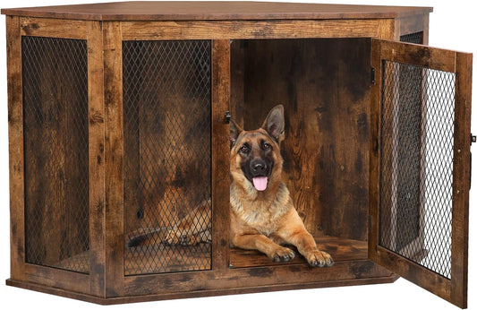 LEMBERI Corner Dog Crate Furniture,52 Inch Wooden Dog Kennel End Table with Mesh, Decorative Pet Crate Dog House for Large/Medium/Small Dog Indoor Use, Brown
