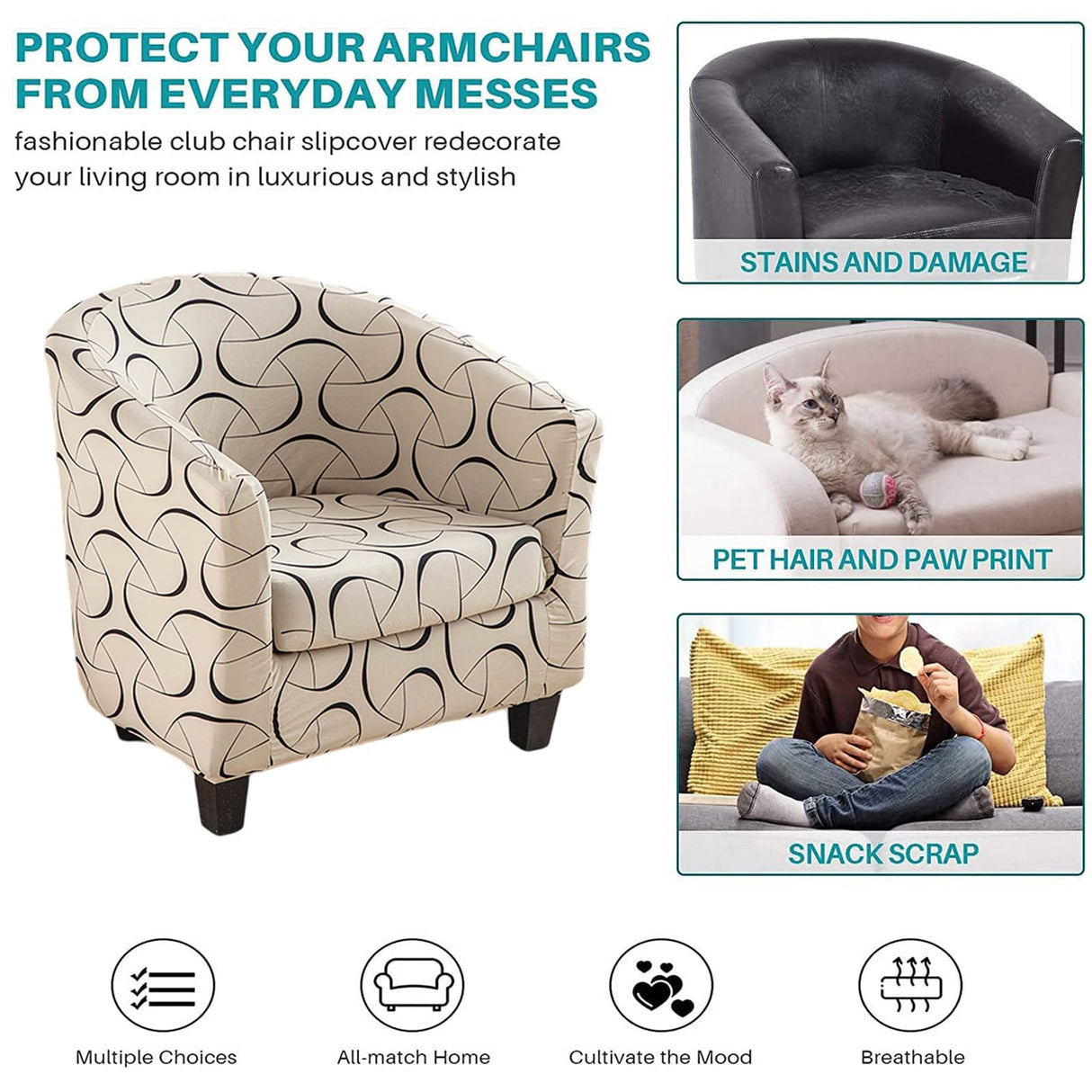 NILUOH Club Chair Covers 2-Piece Stretch Tub Chair Cover Printed Round Barrel Chair Slipcovers Non Slip Armchair Covers Couch Covers with Elastic Bottom for Bar Counter Living Room,Color 23 NILUOH