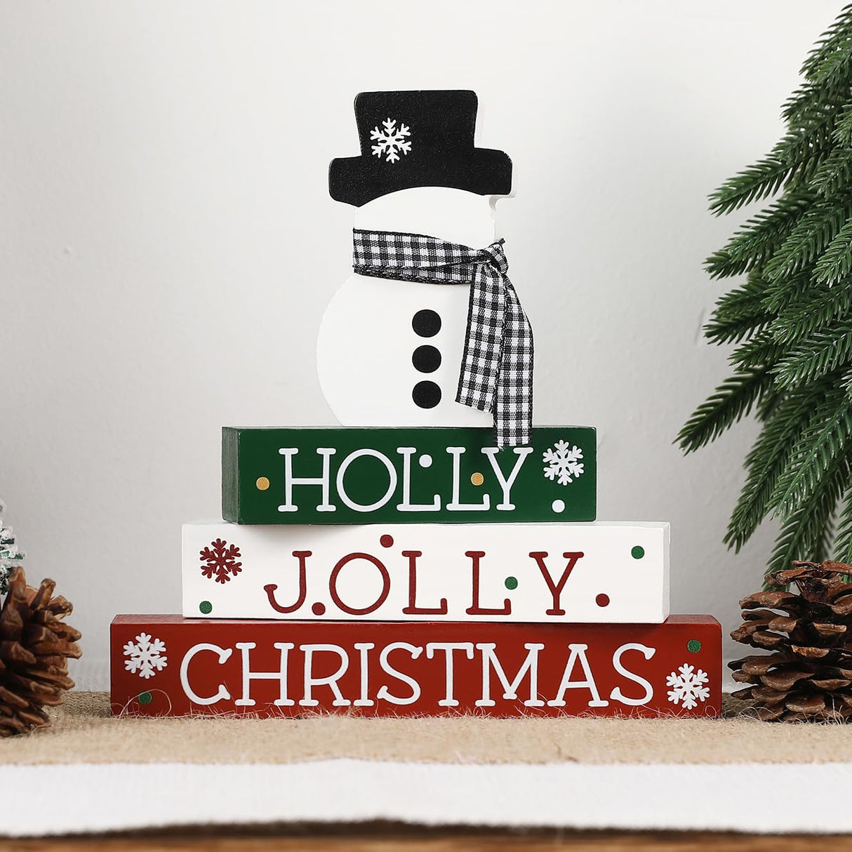 Christmas Decorations-4 PCS Wooden Block Sign-Classic Red White Green Christmas Ornaments for Home Shelf Mantel Fireplace Table Windowsill Decor Buttools