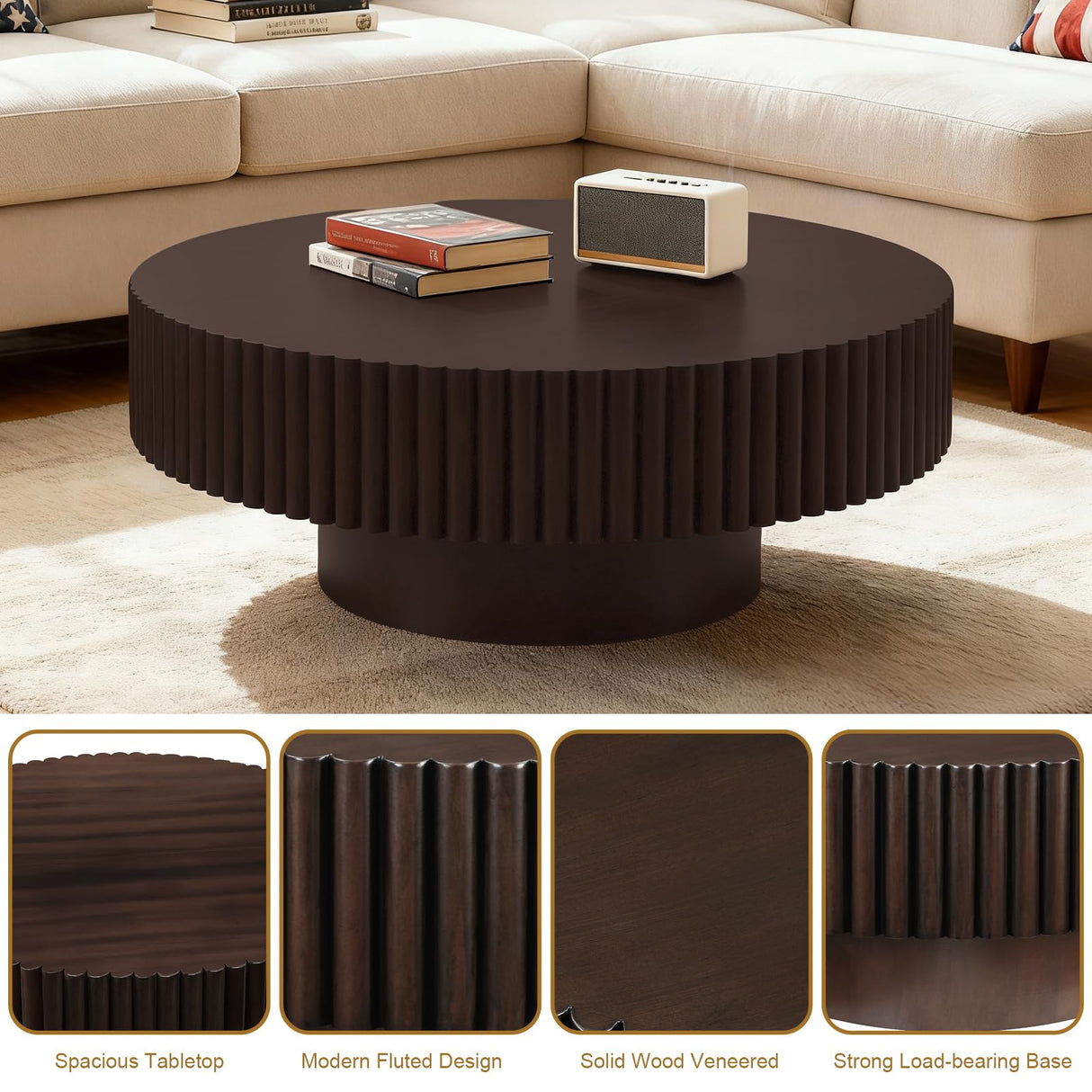Rovibek Fluted Round Coffee Table, 31.5" Modern Wooden Coffee Table with Fluted Base, Circle Accent Center Table for Living Room Apartment Office Small Space, Easy Assembly (Brown) Rovibek