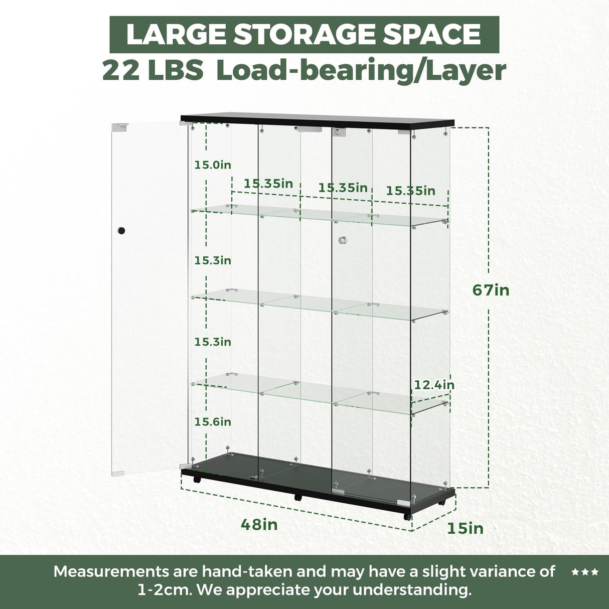 HAMBING Glass Display Cabinet with LED Light & Lock, 4 Shelves 3-Column Display Showcase, 2 Side Doors and Open Center Column, Tempered Glass Curio Cabinet for Bedroom, Living Room - Black HAMBING