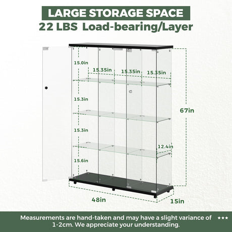 HAMBING Glass Display Cabinet with LED Light & Lock, 4 Shelves 3-Column Display Showcase, 2 Side Doors and Open Center Column, Tempered Glass Curio Cabinet for Bedroom, Living Room - Black HAMBING