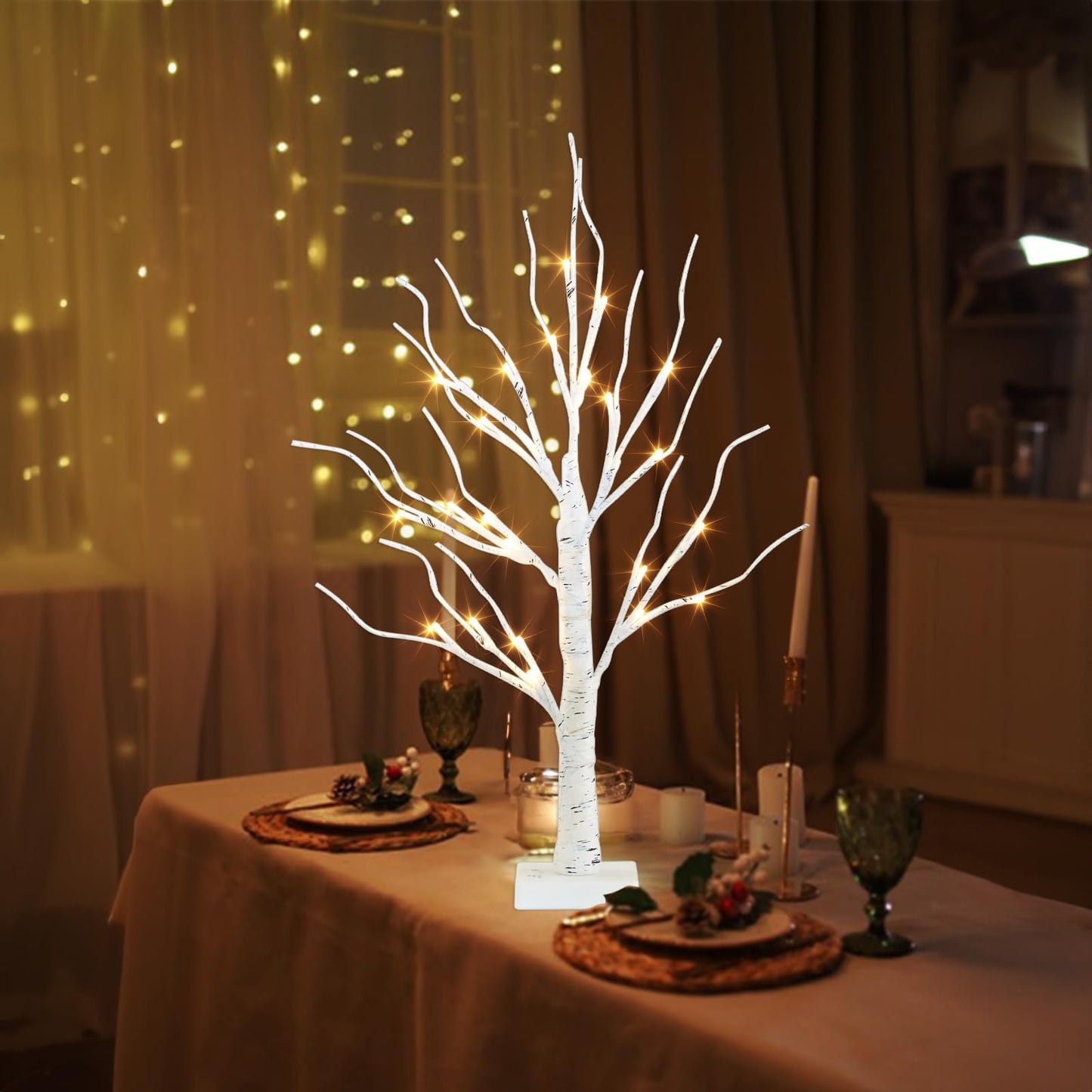 PEIDUO Artificial Tree for Table Decor, 2FT Birch Tree with LED Lights, Warm White Fairy Lights Spirit Tree Lamp for Home Indoor Tabletop Centerpiece, Battery Powered, Timer