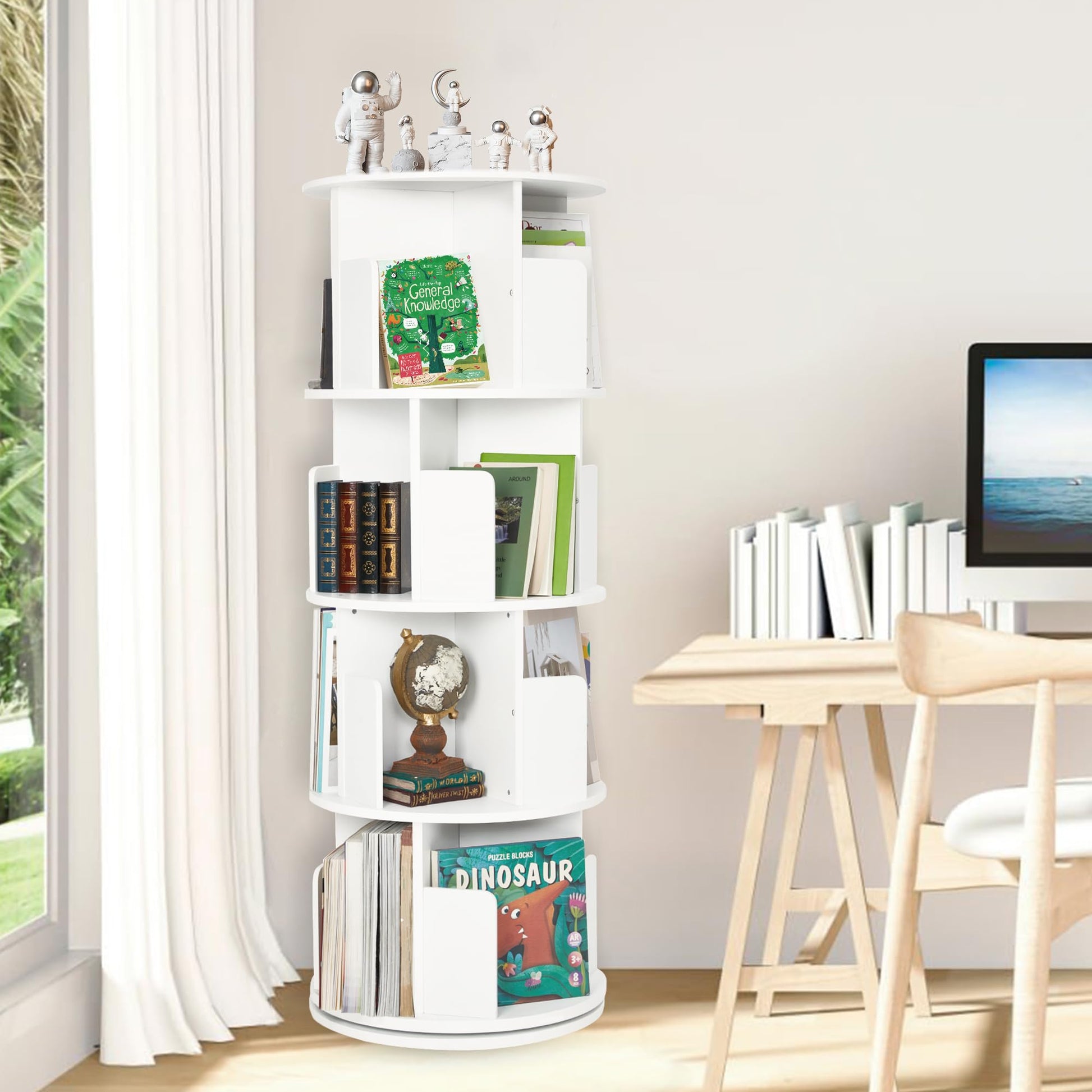 JOLIE VALLÉE TOYS & HOME 4-Tier Rotating White Bookshelf - Space-Saving Floor Stand Bookcase for Small Rooms - WoodArtSupply