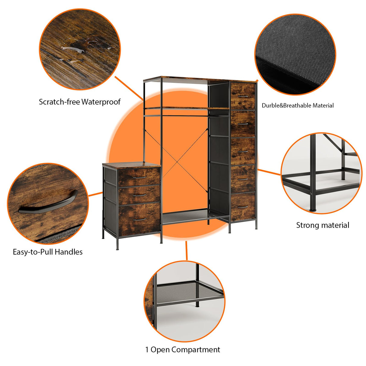 Famovoneer Garment Rack with Drawers & LED Light,Clothing Rack with Shelves,Tall Dresser with Hanging Rack for Apartment, Laundry Room, Bedroom Famovoneer