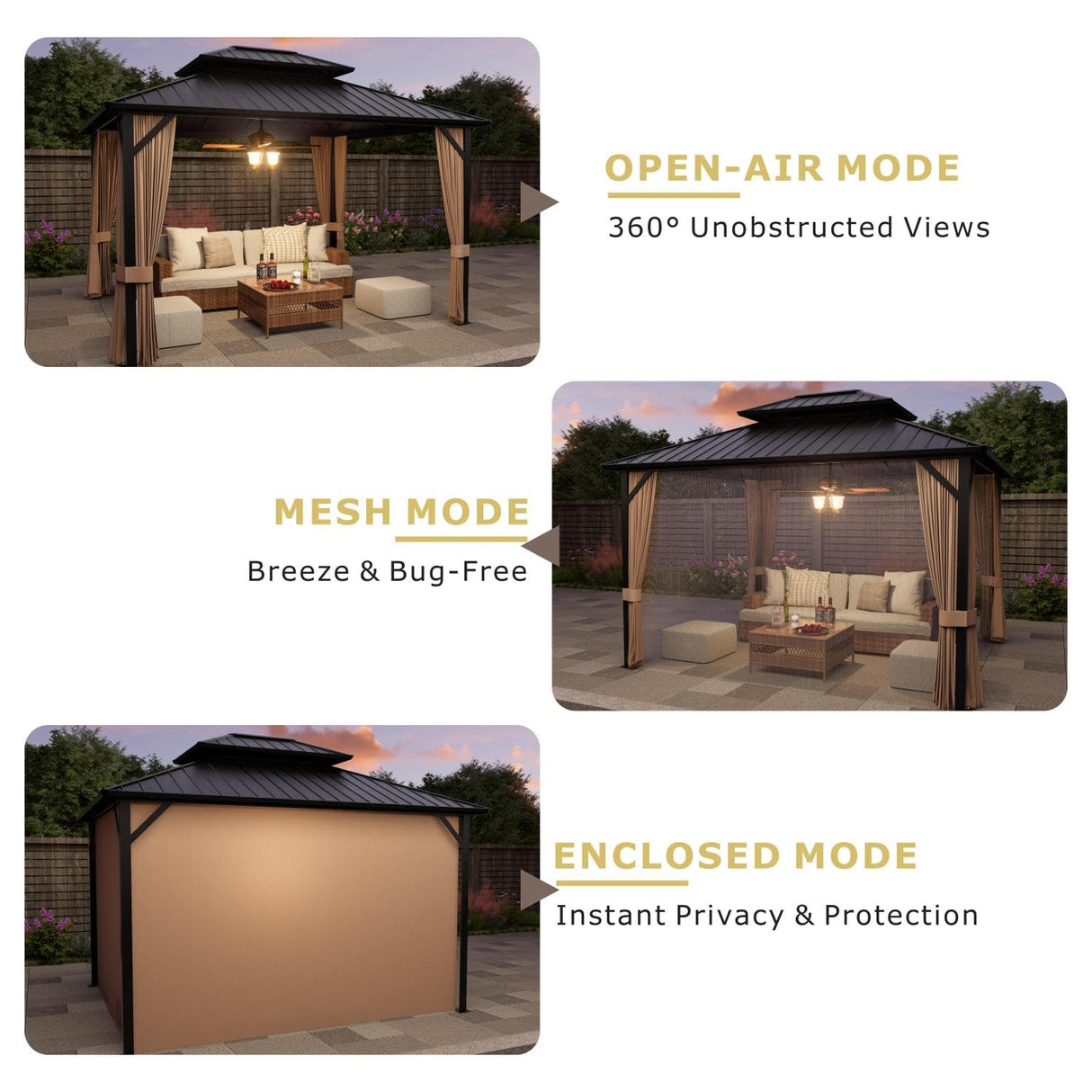 SOLUMIA 10’x12’ Hardtop Gazebo, Galvanized Steel Double Roof Canopy with Aluminum Frame, Outdoor Pavilion with Nettings and Curtains SOLUMIA