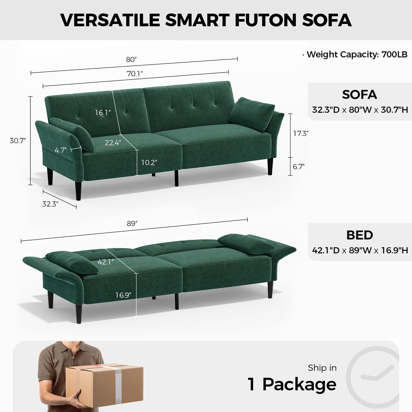 COPIAE 89” Futon Sofa Bed, Velvet Fabric Comfy Futon Couch Bed with 2 Square Pillows, Convertible Sleeper Sofa with Adjustable Backrest& Armrests, Modern Loveseat Sleeper for Living Room, Bedroom