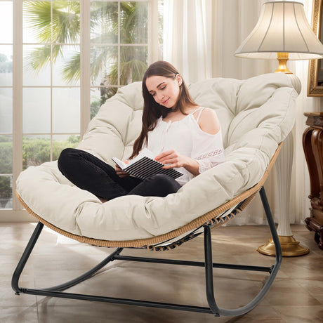 PROHIKER Outdoor Papasan Rocking Chair, Indoor Egg Rocking Chair with Thick Cushion, Oversized Wicker Rattan Patio Lounge Chairs for Backyard, Balcony, Living Room(Beige) PROHIKER