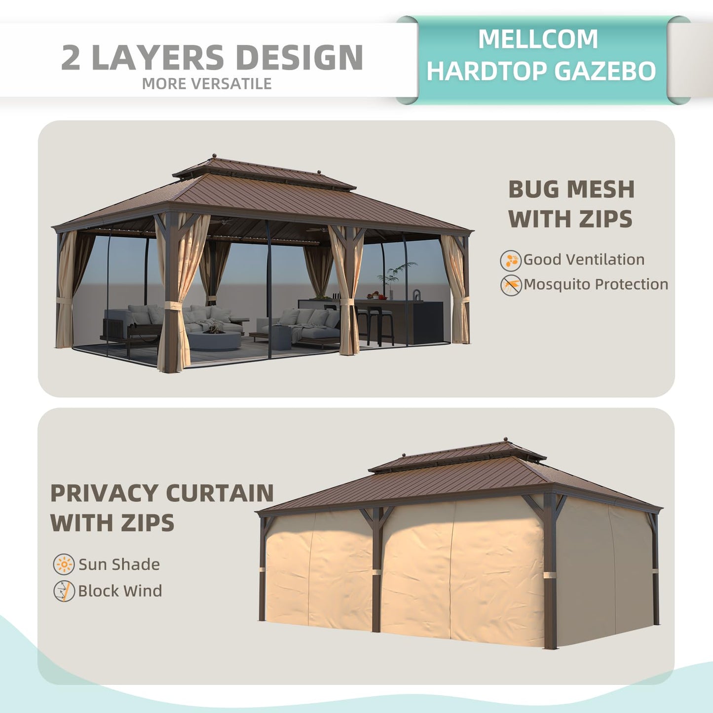 MELLCOM 14' x 22' Hardtop Gazebo,Galvanized Steel Metal Double Roof Aluminum Gazebo with Curtain and Netting,Brown Permanent Pavilion Gazebo with Aluminum Frame for Patios,Gardens,Lawns