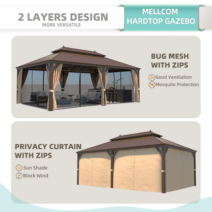 MELLCOM 14' x 22' Hardtop Gazebo,Galvanized Steel Metal Double Roof Aluminum Gazebo with Curtain and Netting,Brown Permanent Pavilion Gazebo with Aluminum Frame for Patios,Gardens,Lawns