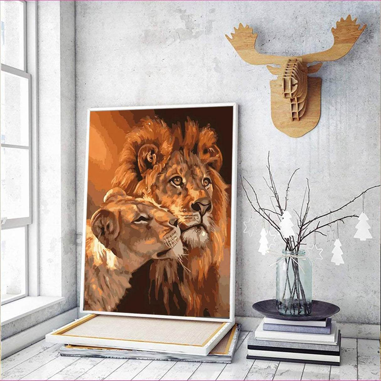 MaiMMaledy Paint by Numbers Kit for Adults Beginners 8Wx12L inch Canvas Pictures with Framed Drawing Painting Works with Wooden Triangle Easel Acrylic Pigment Lion MaiMMaledy