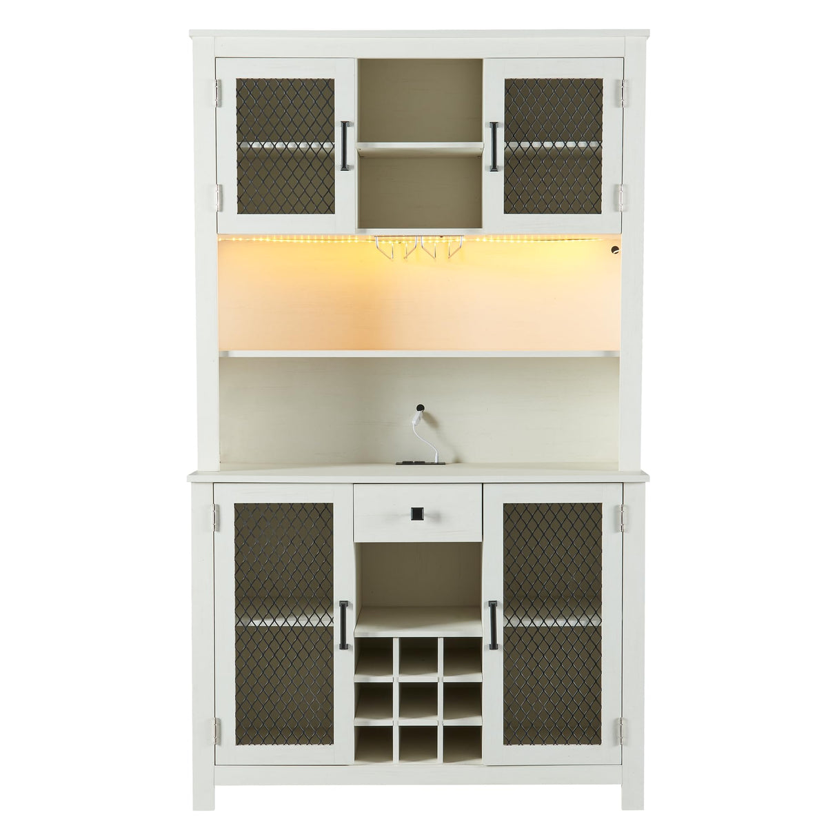 70" Kitchen Pantry Storage Cabinet Rustic Buffet Cabinet, Kitchen Hutch Cabinet with LED Outlets,Food Pantry Cabinet with Doors and Shelves,For Dining Room Living Room (Antique White@Shelves) Brabrety