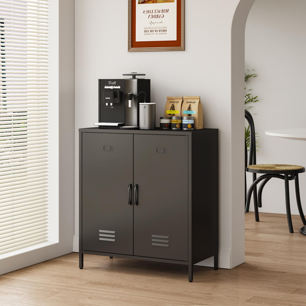 MIOCASA Metal Storage Cabinet - Multi-Purpose Buffet Sideboard Cabinet with Adjustable Shelf & Leveling Feet, Heavy-Duty Steel Design for Living Room, Kitchen, Entryway (Black) MIOCASA