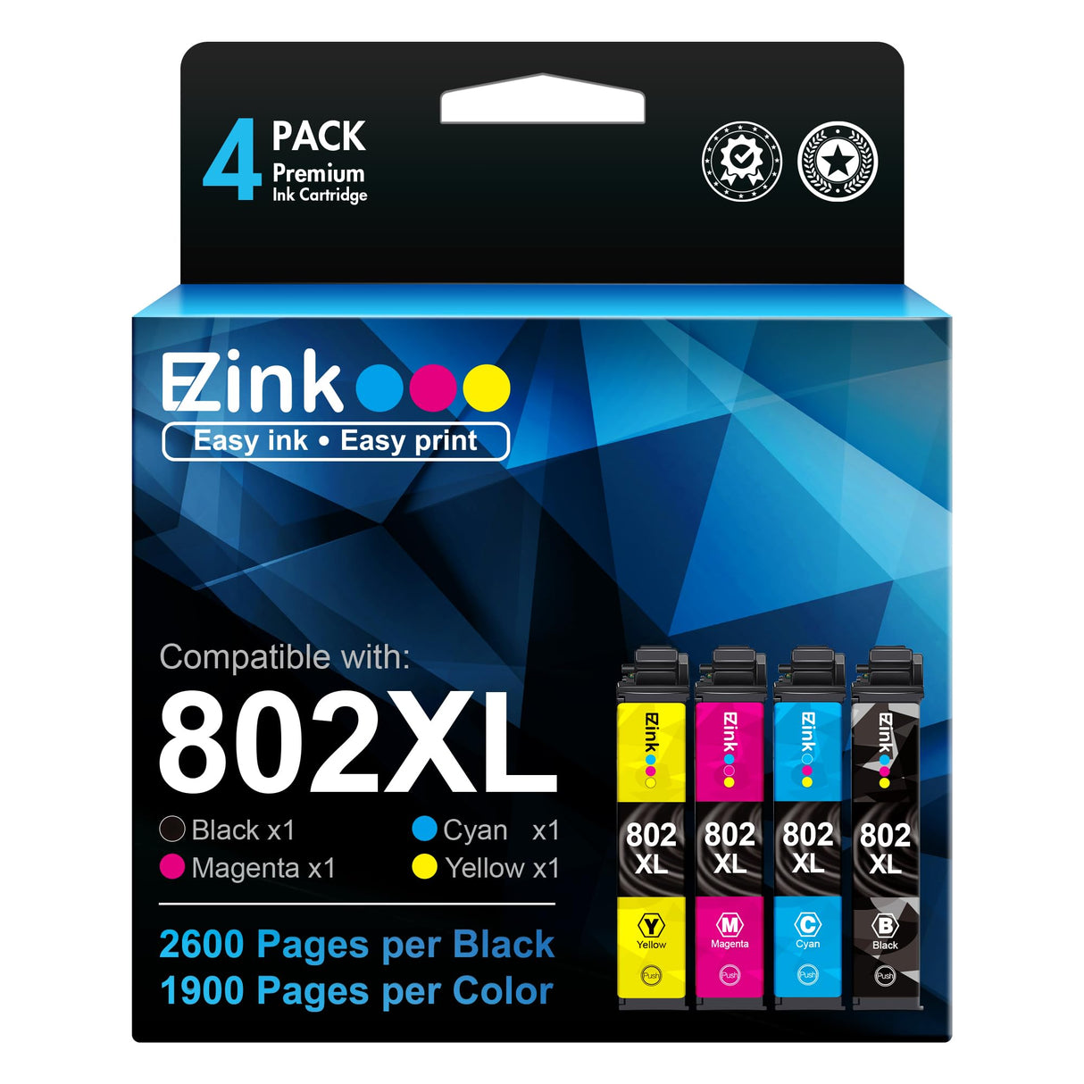 E-Z Ink (Remanufactured Ink Cartridge Replacement for Epson 802XL 802 T802XL T802 to use with Workforce Pro WF-4740 WF-4730 WF-4720 WF-4734 EC-4020 EC-4030 (1 Black, 1 Cyan, 1 Magenta, 1 Yellow) E-Z Ink
