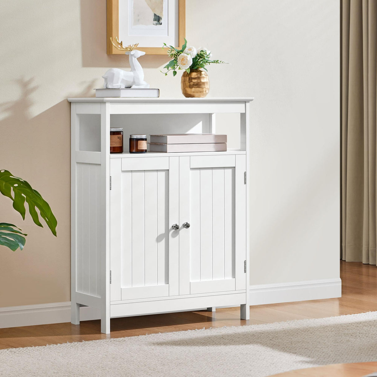 Yaheetech Bathroom Floor Storage Cabinet, Wooden Free Standing Storage Organizer with 2 Doors & Adjustable Shelves, for Living Room Hallway, White Yaheetech