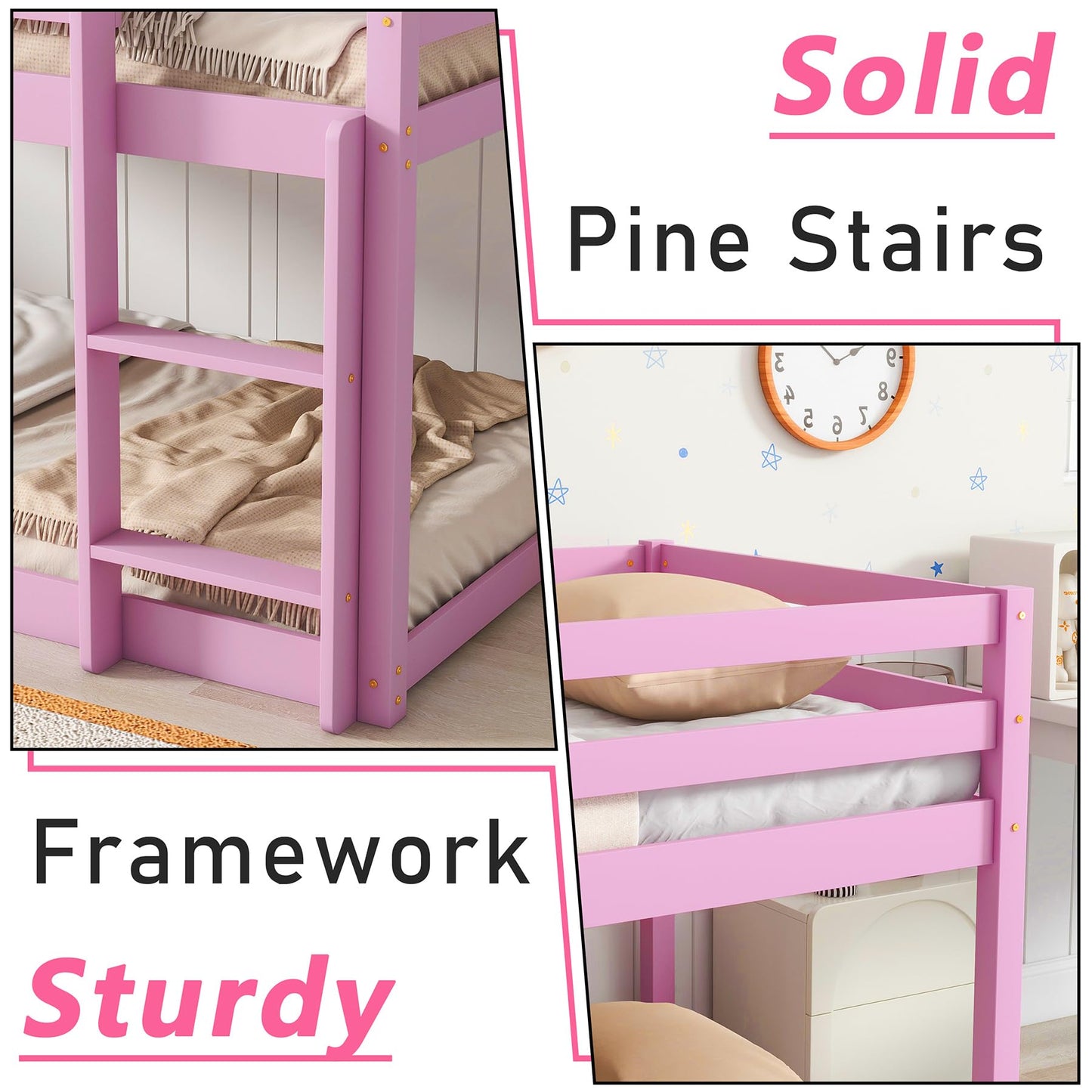 Ochangqi Bunk Beds for Girls,Twin Over Twin,Pine Wood,Easy Assemble,Convertible to Low Profile Loft Bed(Pink)