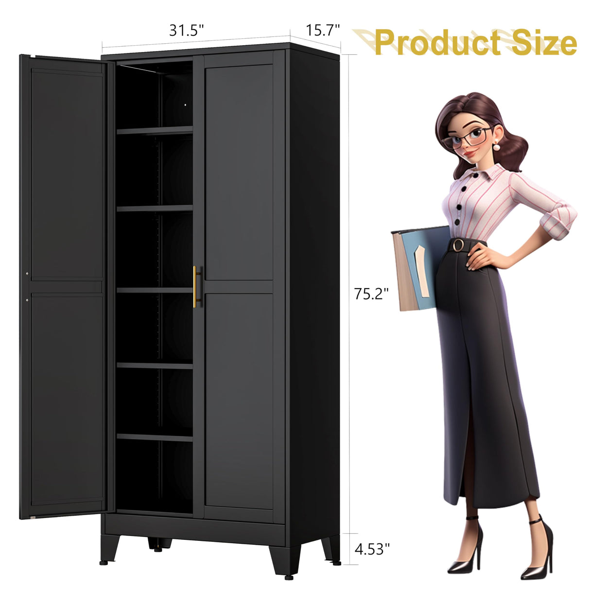 pozdeg Metal Storage Cabinet - 75” Tall Steel File Cabinets with 2 Doors and 5 Adjustable Shelves Versatile Storage Pantry Cabinet for Home Office Warehouse Garage or Outdoor (Black) pozdeg