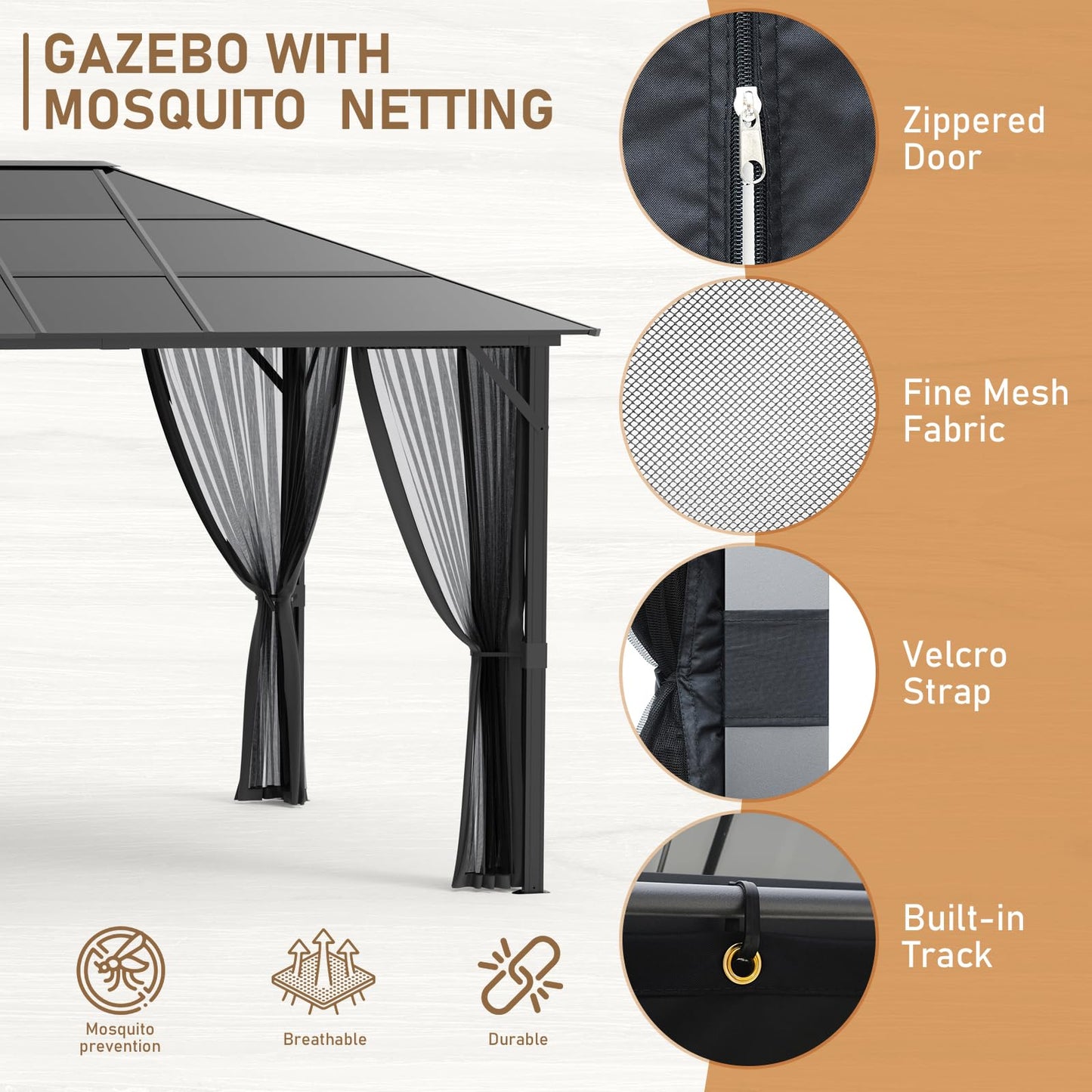 10x12 Hardtop Gazebos,Heavy Duty Gazebo,Outdoor Gazebo with Full Aluminum Frame,Polycarbonate Roof,Mosquito Netting,Permanent Metal Pavilion Gazebo for Backyards,Patios