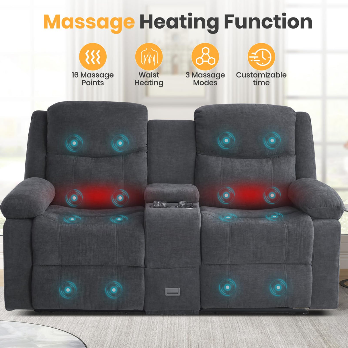 RIHEREFY Loveseat Recliner Sofa with Massage & Heating, Reclining Loveseat with Console, RV Wall Hugger Double Loveseat Recliner Couch for Living Room & Home Theater (Chenille-Grey) RIHEREFY