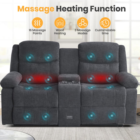 RIHEREFY Loveseat Recliner Sofa with Massage & Heating, Reclining Loveseat with Console, RV Wall Hugger Double Loveseat Recliner Couch for Living Room & Home Theater (Chenille-Grey) RIHEREFY