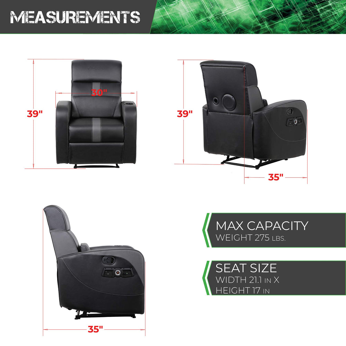 X Rocker Gamma Recliner Gaming Chair, 2.1 Bluetooth Audio System, Headrest Mounted Speakers, Built-in Footrest and Cupholder, 718001, 34.84" x 39.37" x 30.31", Black X Rocker