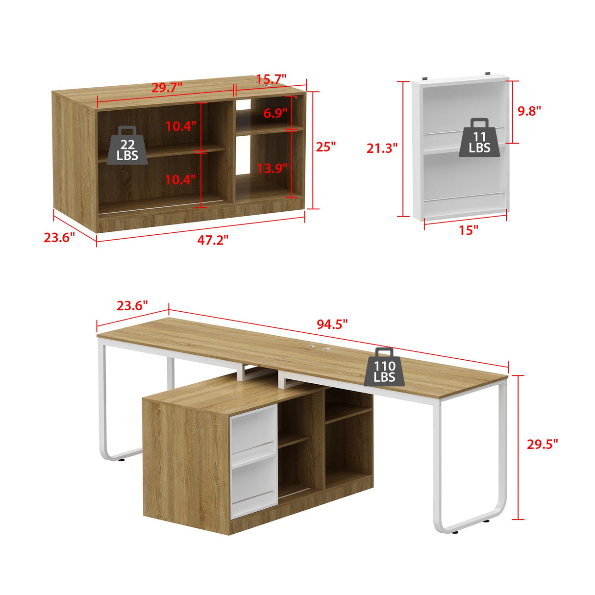 Homsee T-Shaped Corner Desk with File Cabinet - Spacious 94.5" Wooden Office Set for 2 Persons with Shelving and Organisers Homsee