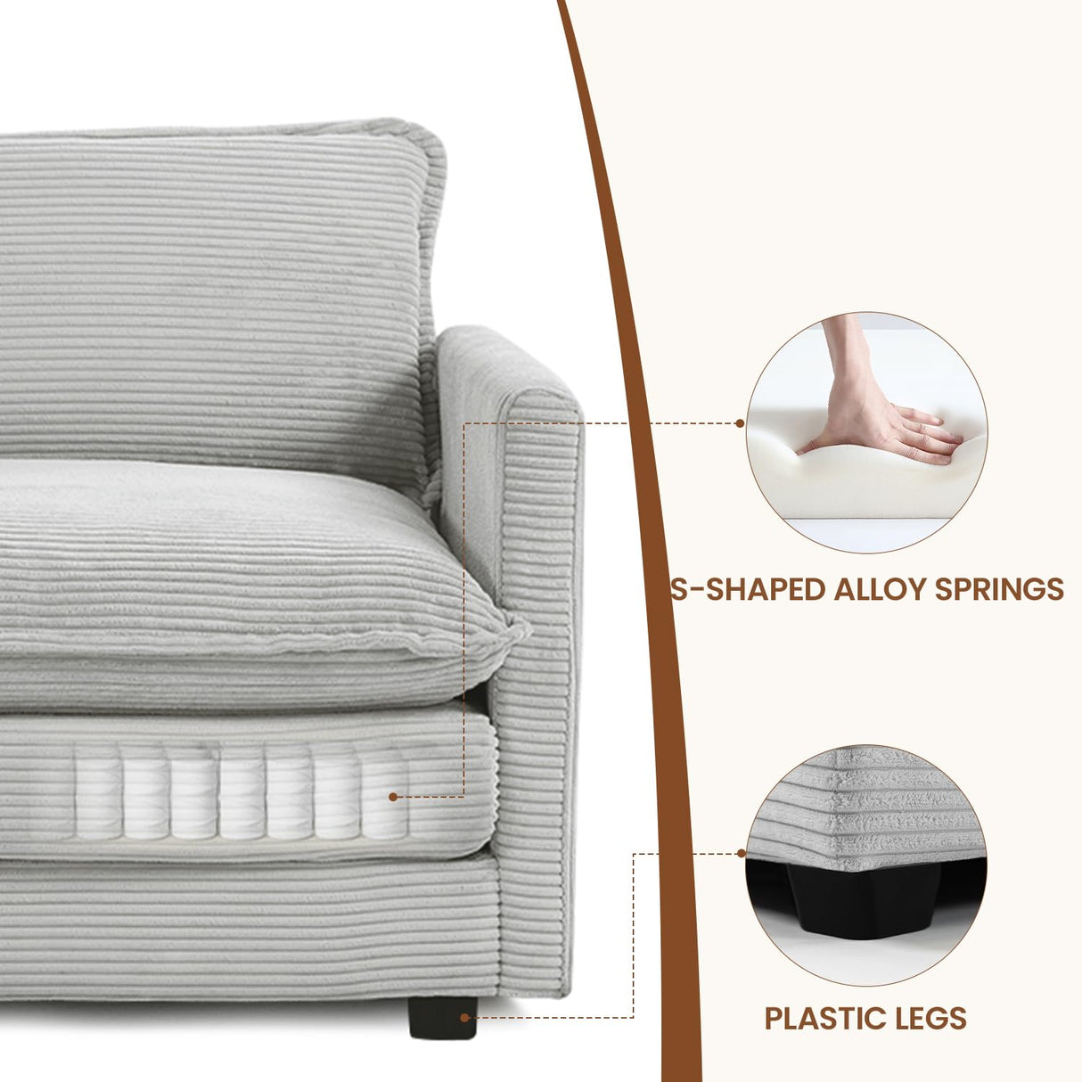 ROWHY 78'' Sectional 2 Seat Cloud Loveseat with 2 Throw Pillows, Modern Corduroy Love Seat, Cozy Sofa for Living Room, Office and Bedroom, Light Grey ROWHY