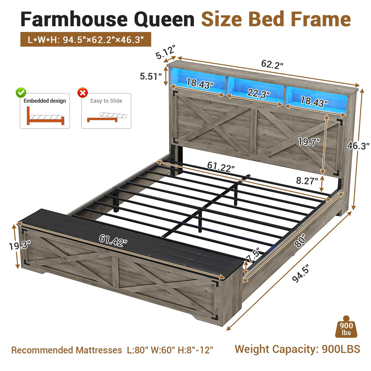 Hasuit Queen Size Bed Frame with Storage Ottoman, Farmhouse Bed Frame with Charging Station and Led Light, Headboard with Storage Rack, Metal Slats, No Noise Design, No Box Spring Needed,Oak Grey Hasuit