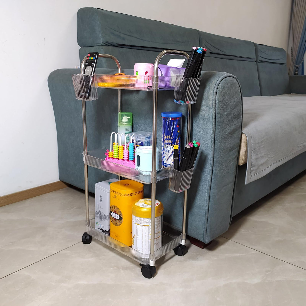 TENBOAT Narrow Places 3 Tier Transparent Bathroom Rolling Storage Cart Clear Toilet Side Storage Shelf Tight Spaces Organizer Rack Mobile Shelving Unit with Wheels Utility Cart (Mini Size) TENBOAT