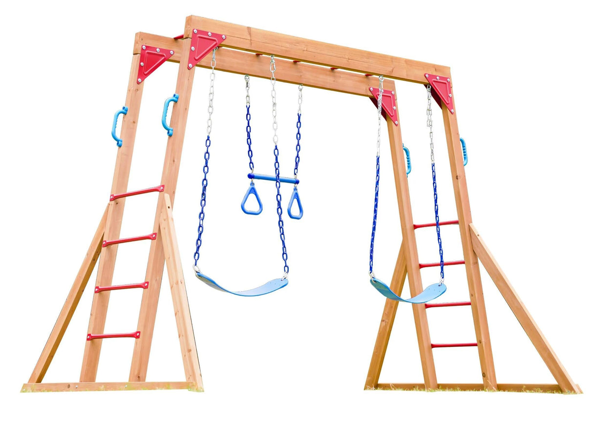 Dolphin Playground Monkey Bars for Backyard, Wooden Swing Sets for Backyard with Trapeze Swing Bar and 2 Belt Swings, Outdoor Monkey Bars for Kids, Outdoor Playset, Kids Outdoor Play Equipment DOLPHIN PLAYGROUND T