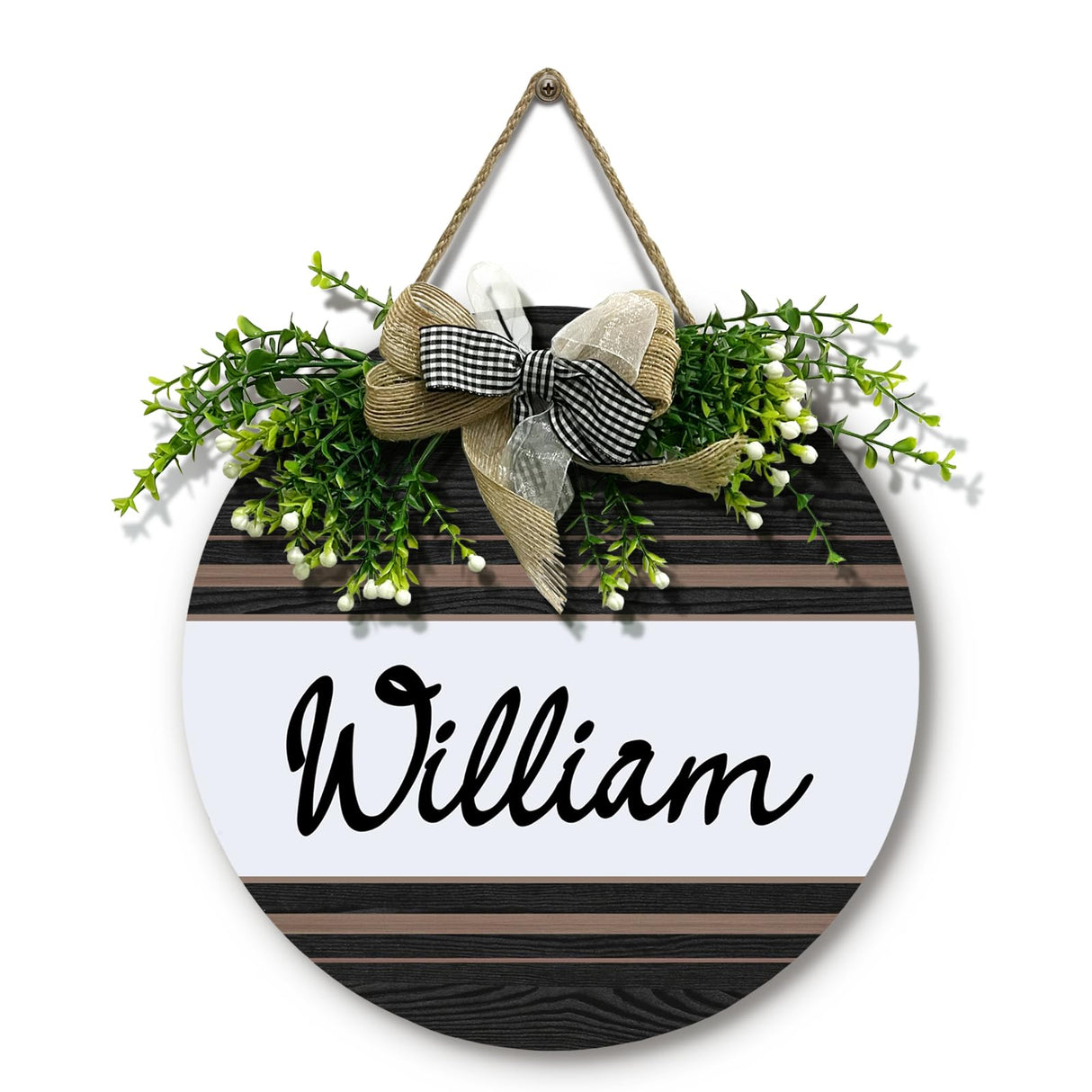 Dacawin Personalized Front Door Signs with Wreath Custom Rustic Family Name Round Wooden Sign with Bow Welcome Farmhouse Customized Hello Door Hanging Sign for Home Wall Outdoor Indoor 12x12 Inch Dacawin
