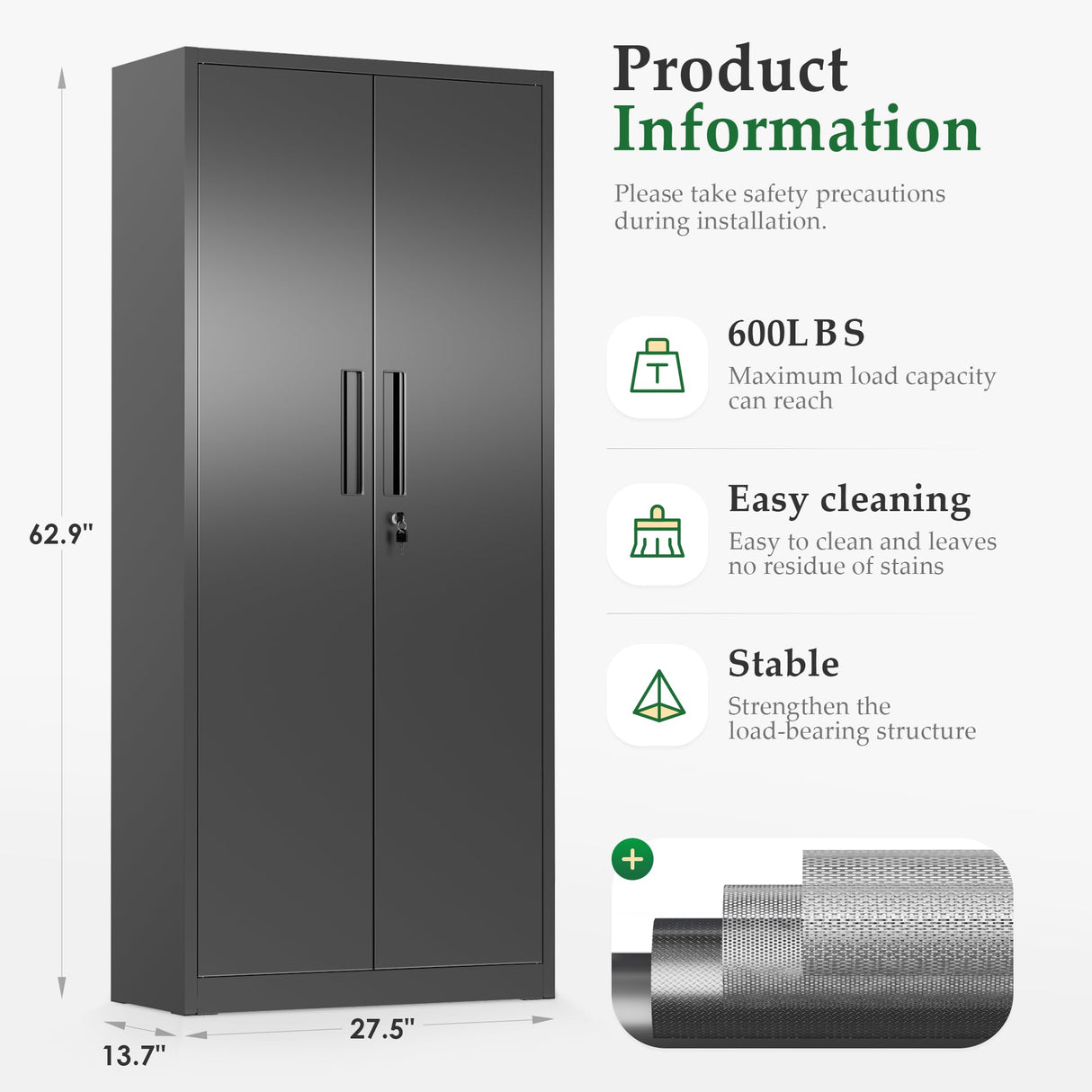 Crownland 63" Metal Storage Cabinet, Lockable Garage Storage Cabinets, High Office Cabinet with Adjustable Shelves for Garage, Home Office, Pantry, File(Black) Crownland