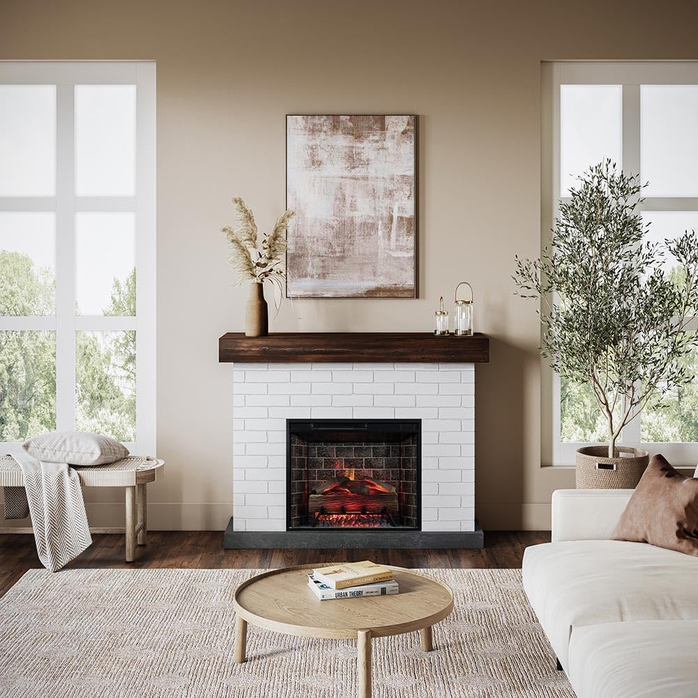 Country Living Jackson 55 Inch Mantel Package | Wood Mantel with White Brick Surround | 28 Inch Smart Electric Fireplace Insert w/Remote | Alexa & Google Compatible | Multi-Color LED Flames | 1500W