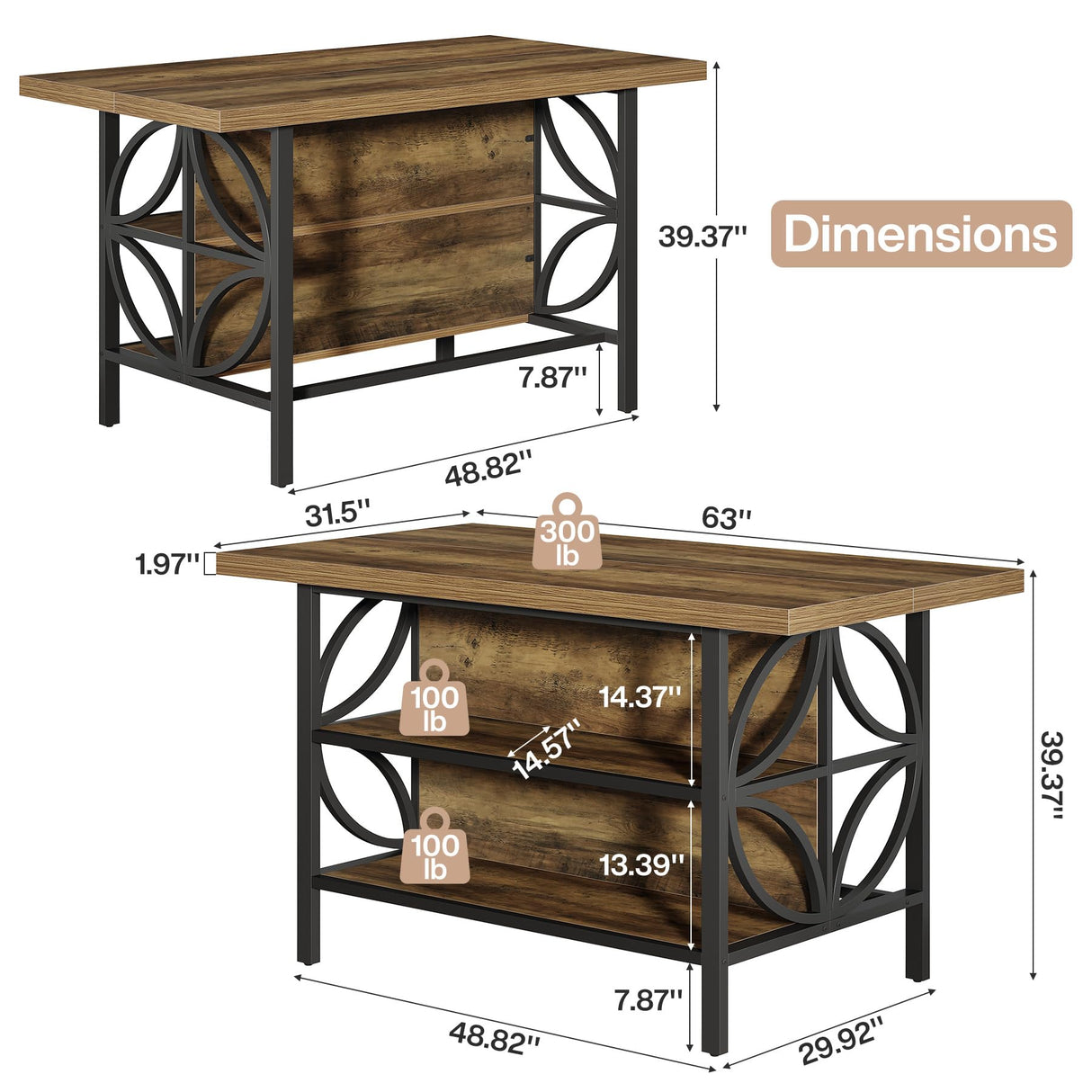 Tribesigns Kitchen Island with Storage, 62.99-Inch Kitchen Island Table with 2 Shelves and Large Worktop, Industrial Bar Table, Easy to Assemble, Rustic Brown (Stools Not Included) Tribesigns