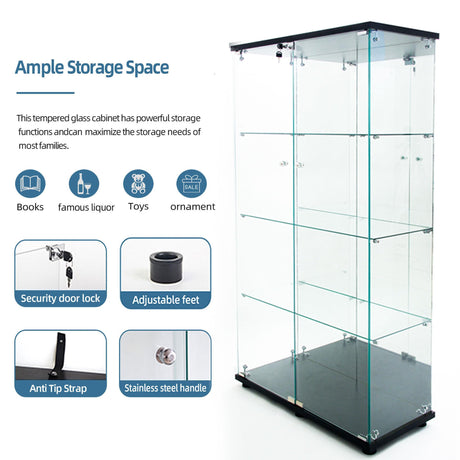 Yoluckea 4-Tier Glass Display Cabinet with Bluetooth LED Light Strip, 2-Door Floor Standing Curio Cabinet with Adjustable Feet and Mirror Back Panel, Black Glass Bookshelf for Collections, Wood Top Yoluckea