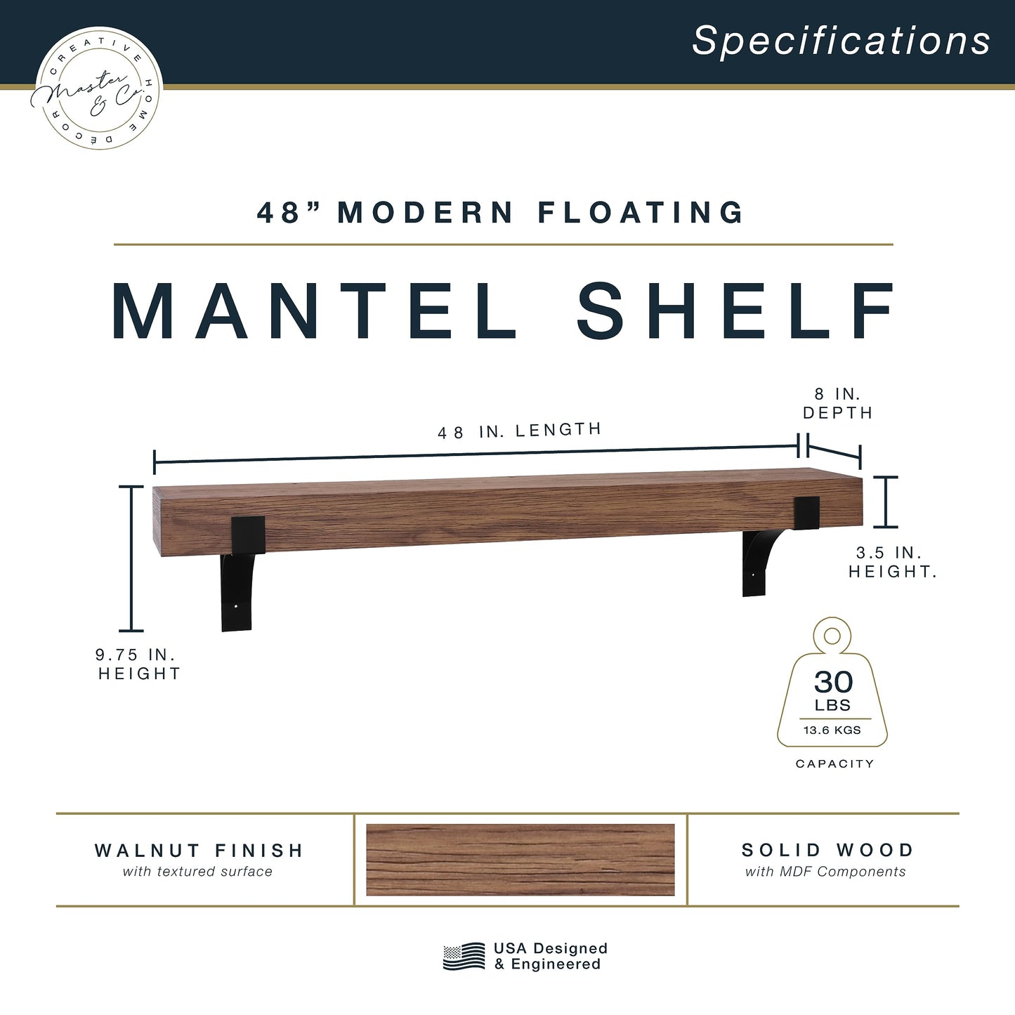 Master & Co. Modern Floating Fireplace Mantel with Black Metal Brackets, Long Floating Shelves for Wall Décor, 48 inches, Walnut Woodgrain