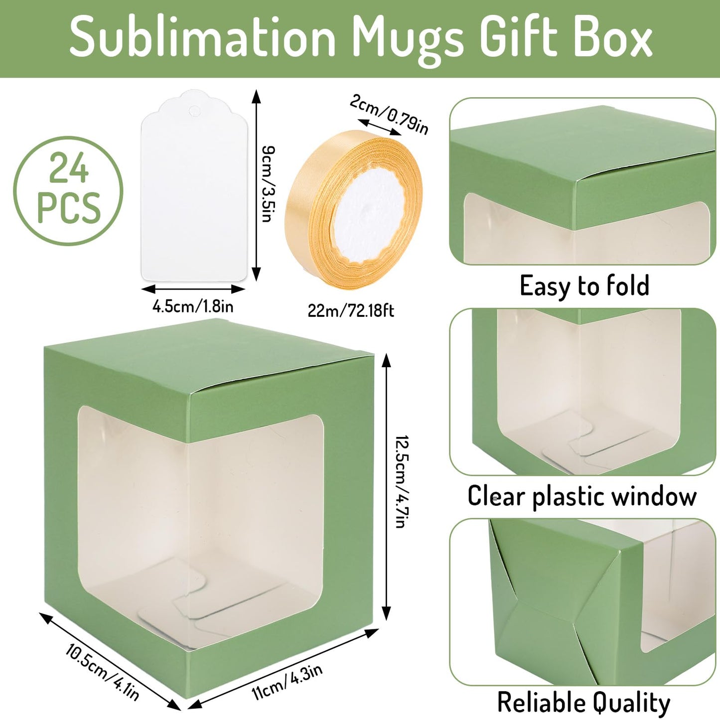 Whaline 24Pcs Sage Green Mug Gift Boxes with Tag Ribbon Sublimation Mug Boxes with Window Paper Gift Packaging Box for Blanks 11oz, 12oz, 15oz Mugs