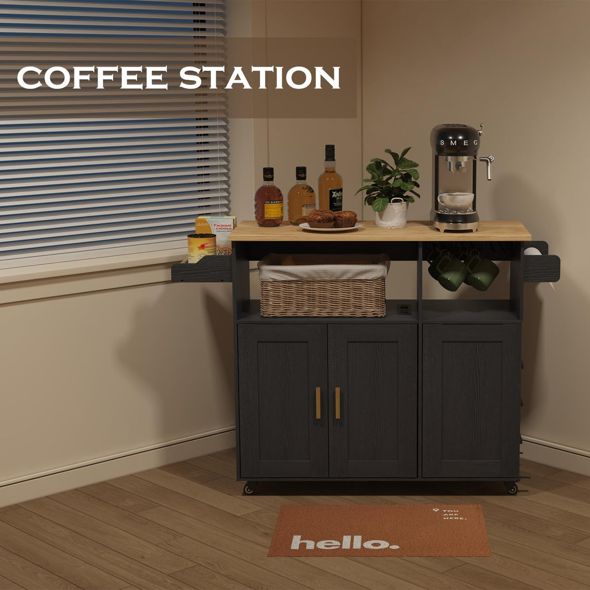 ASTRONAPE Rolling Mobile Kitchen Island Cart Bar, Island Table Storage with 5 Wheels, Rolling Kitchen Cabinet with Power Socket and Towel Rack (Black, Without Counter Top) ASTRONAPE