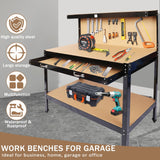 SPOWAY 63'' Garage Workbench, 300 Lbs Load Capacity Heavy Duty Work Bench, Workbench with Pegboard Drawer Backplate Metal Frame Wood Top Workbench for Workshop Office Home Garage SPOWAY